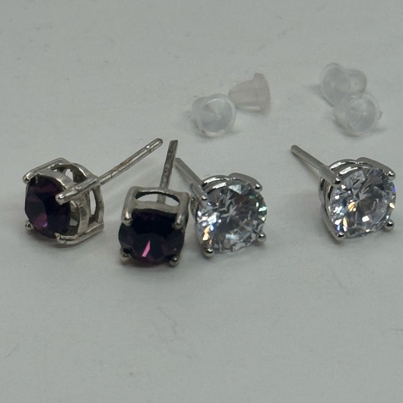Source Unknown Jewelry - Silver tone clear and Purple crystal Stud Earrings Set